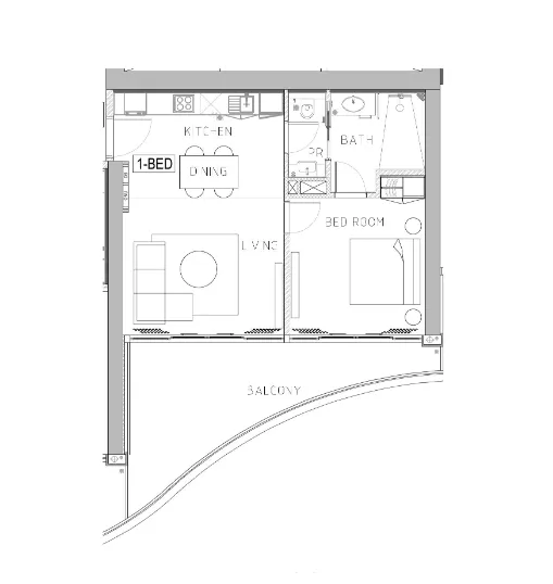 Chic Tower 1 bed floor plan, 879 sqft