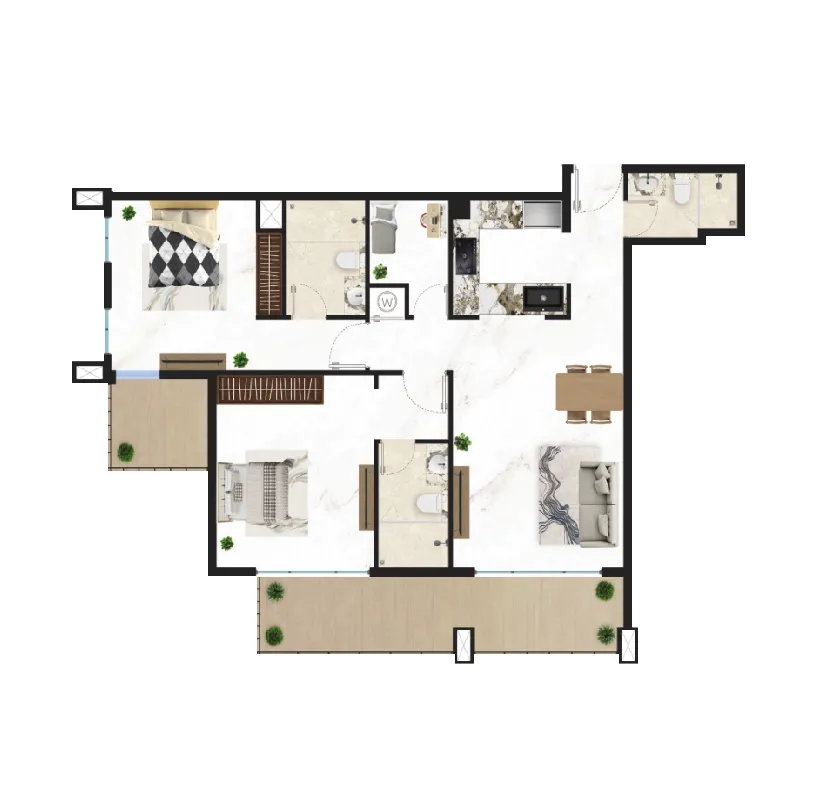 Courtyard One 2 bed floor plan, 1,193 – 1,194 sqft