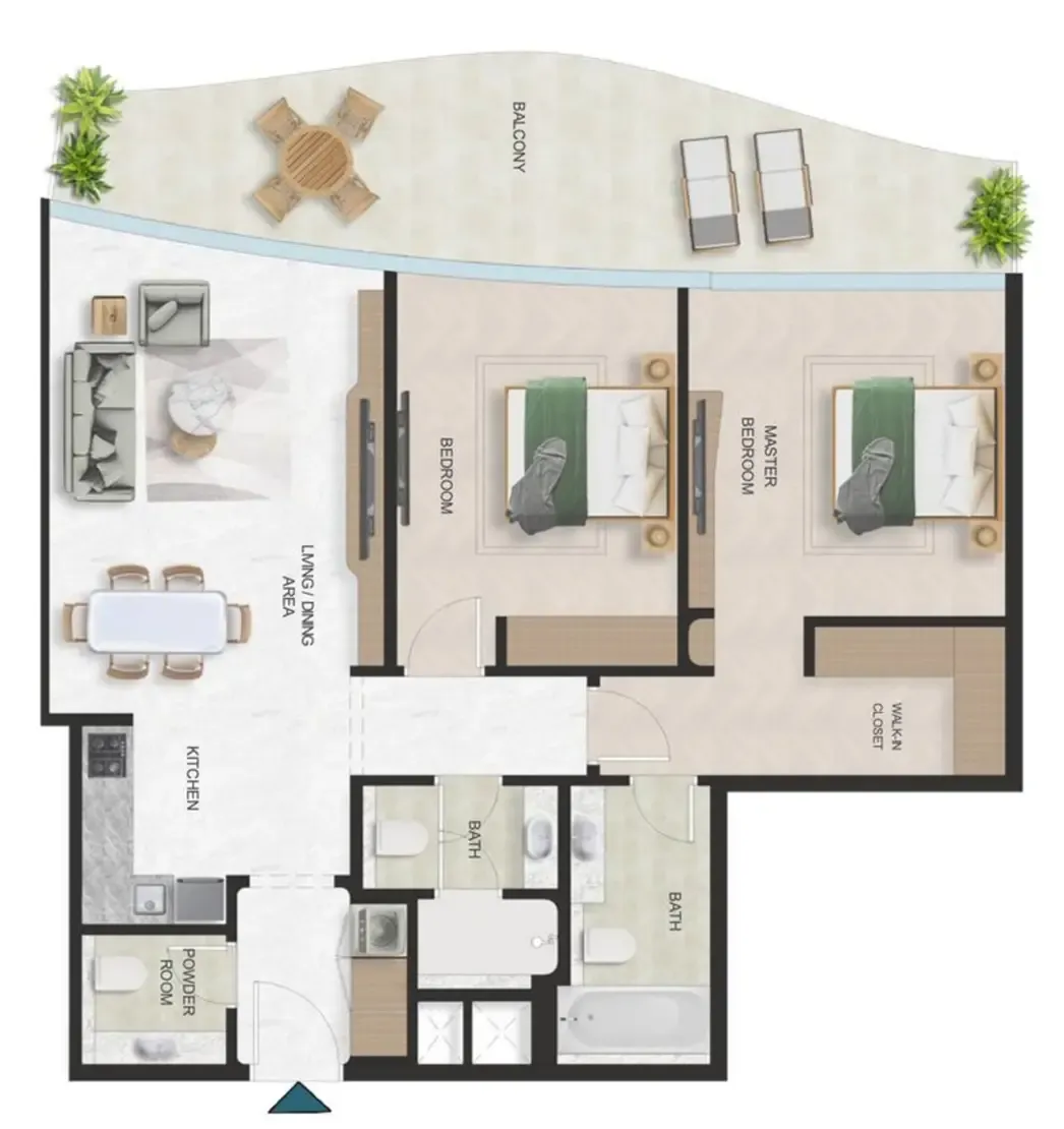 Oystra 2 bed floor plan, 1,356 sqft
