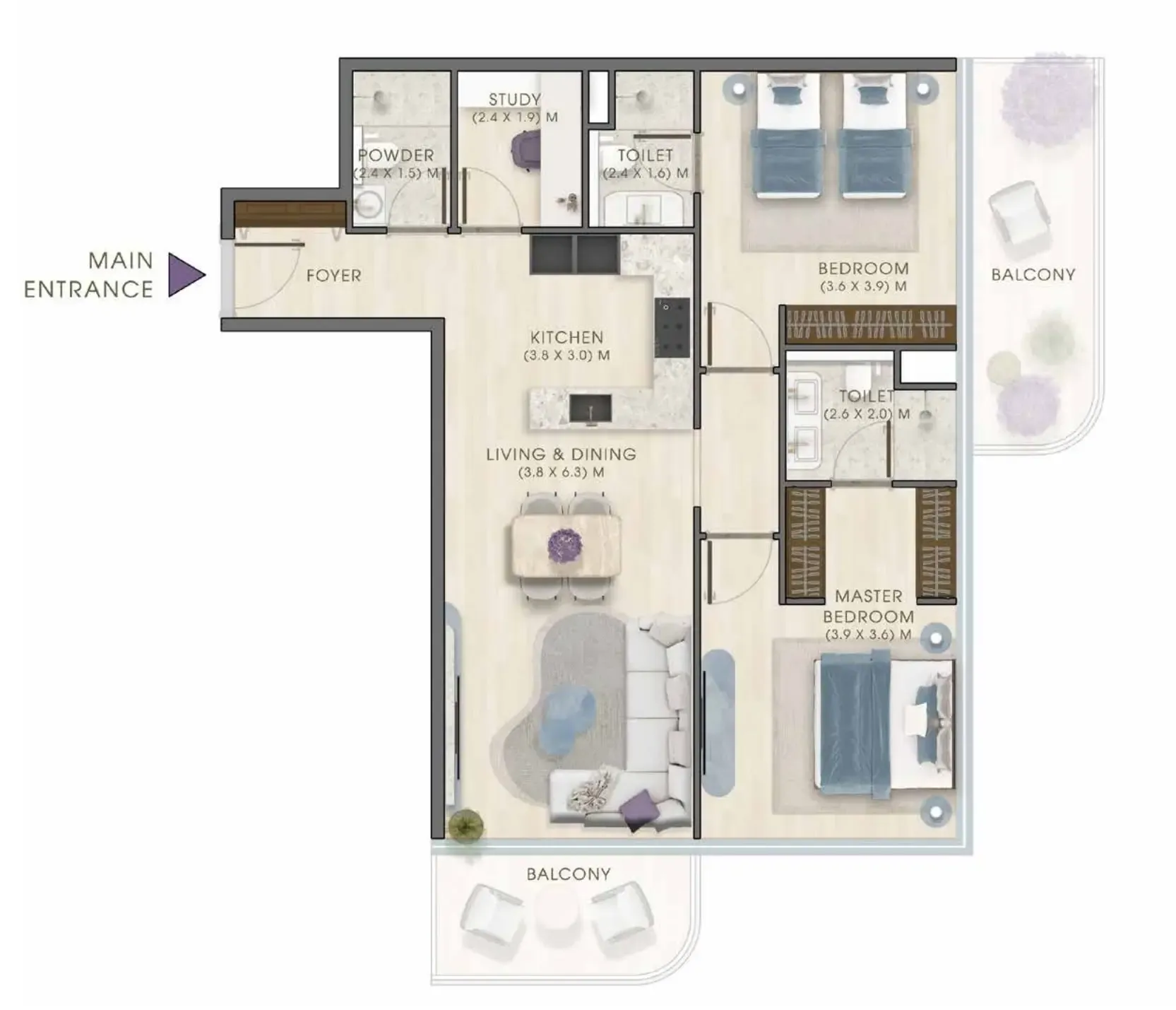 Kaia Residences 2 bed floor plan, 1,509 – 1,782 sqft