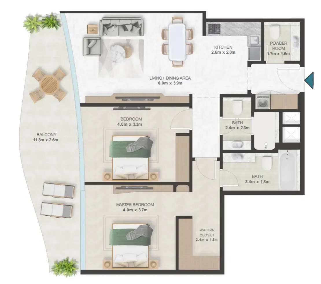 Oystra 2 bed floor plan, 1,244 sqft