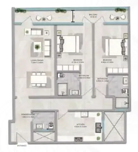 Amwaj Tower 2 bed floor plan, 1,976 sqft