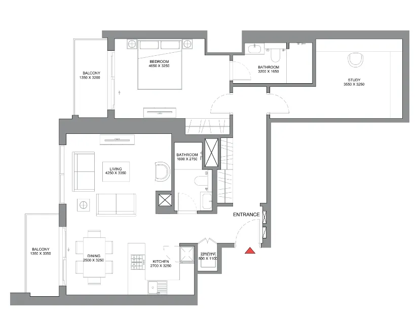 350 Riverside Crescent 1 bed floor plan, 1,180 sqft
