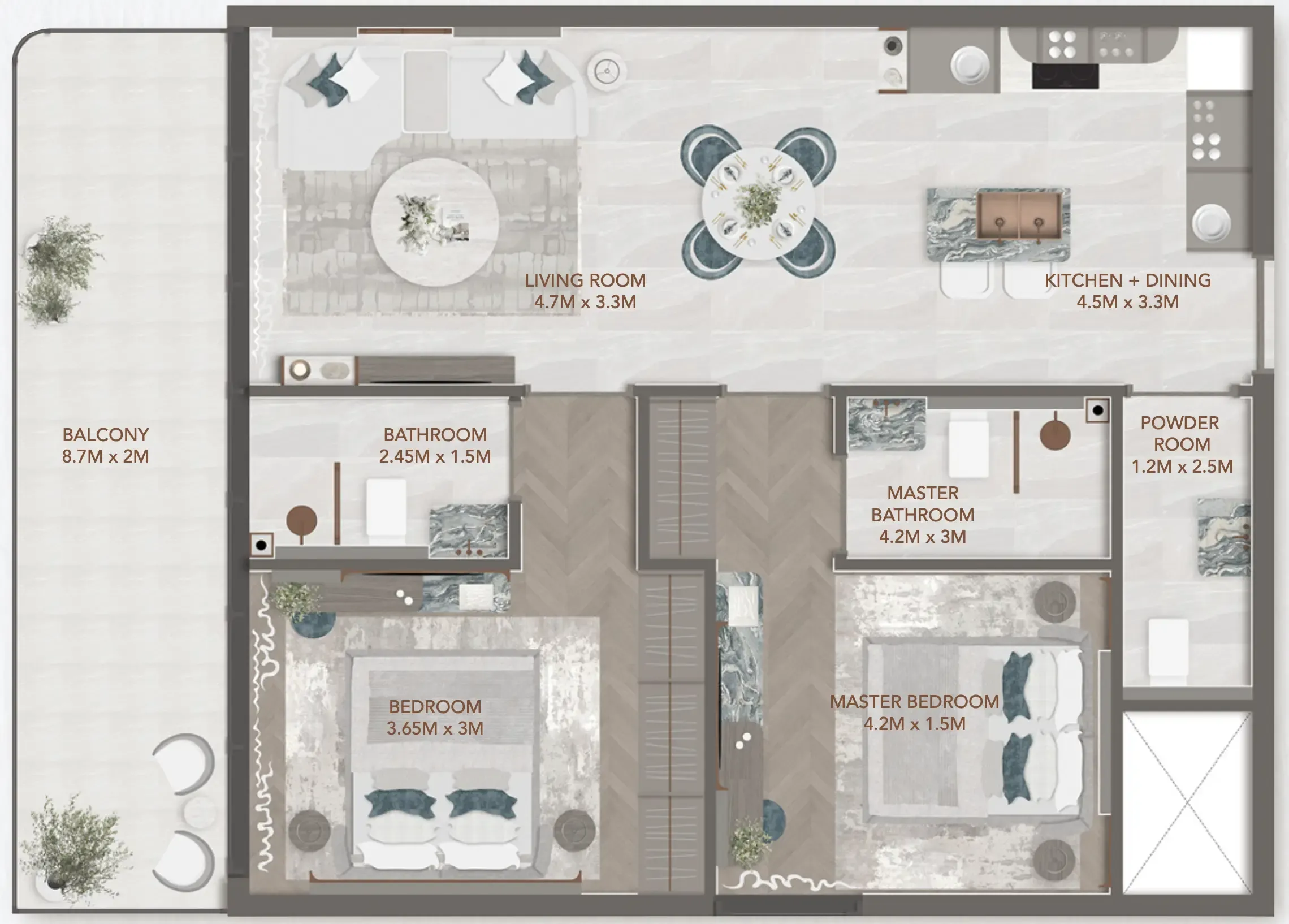 241 Waterside 2 bed floor plan, 987 sqft