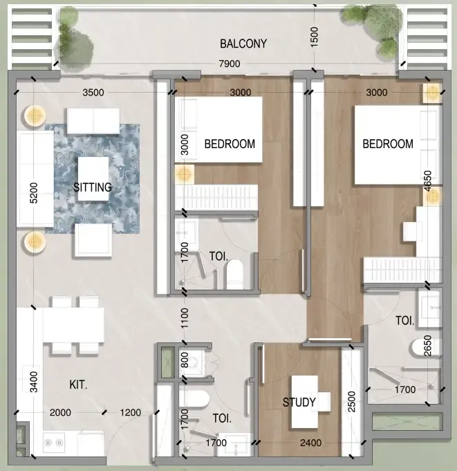 Oasis Residences 2 bed floor plan, 1,038 – 1,058 sqft