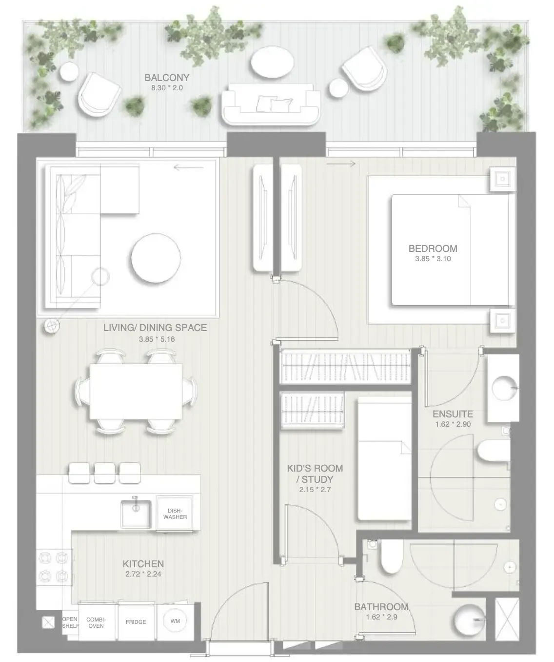 Sol Levante 1 bed floor plan, 883 sqft