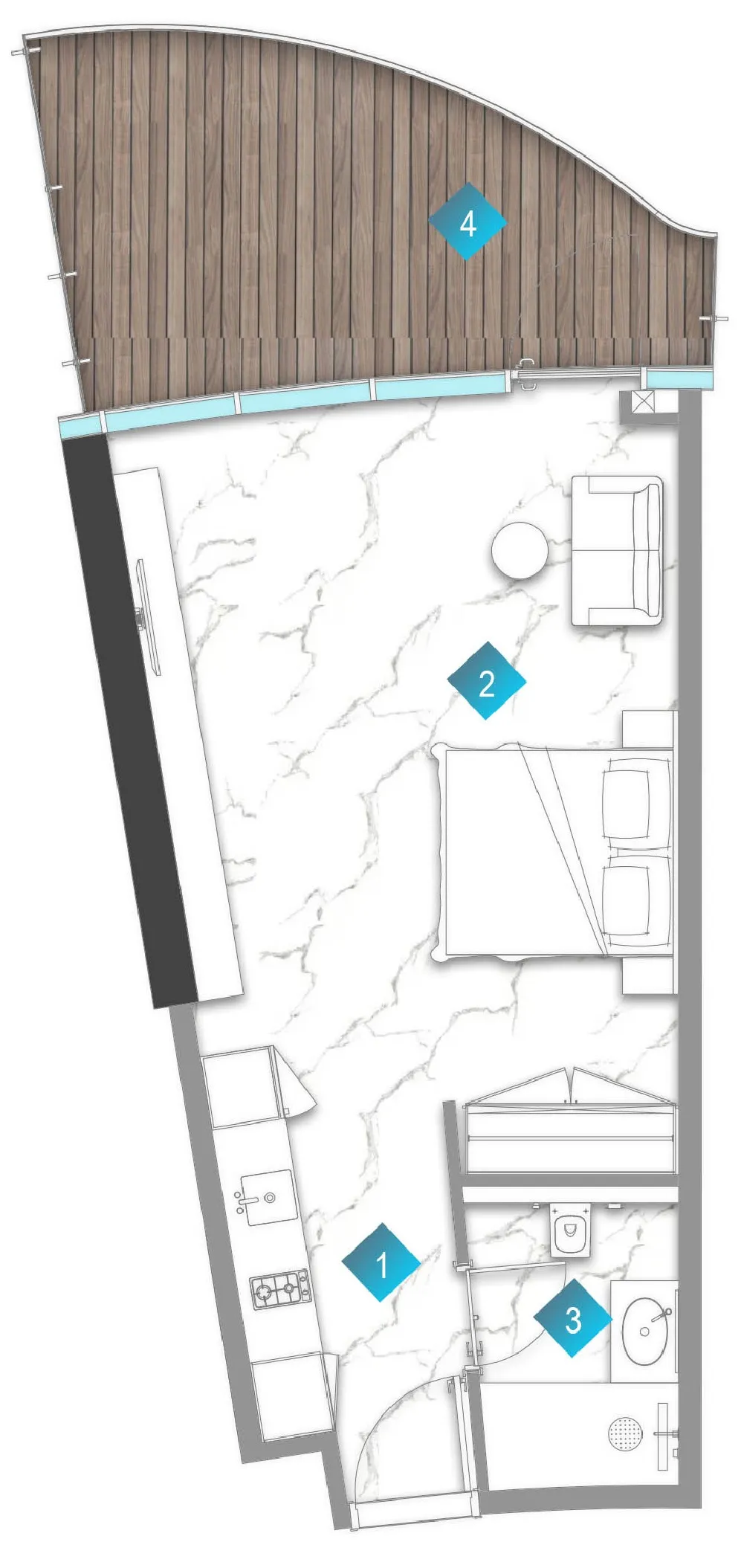 Aqua Arc Studio floor plan, 641 sqft