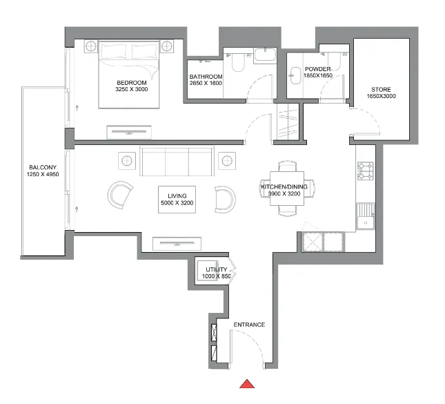 340 Riverside Crescent 1 bed floor plan, 843 sqft