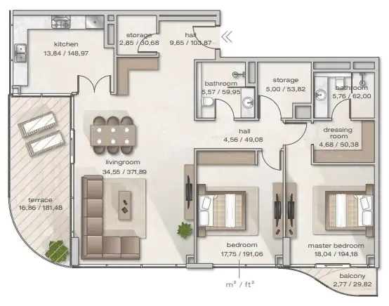 Zephyra Residences 2 bed floor plan, 1,664 sqft