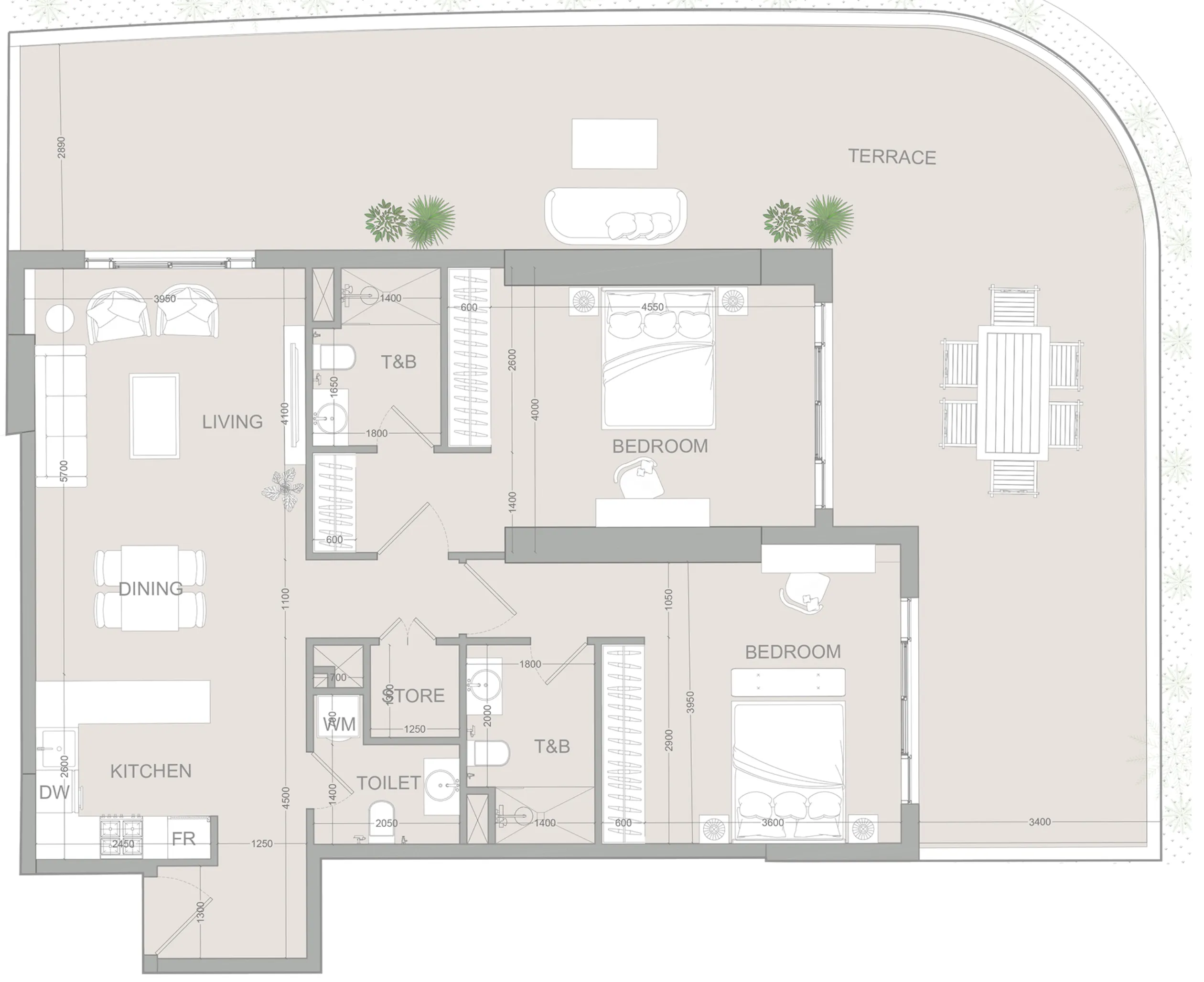 AUREL1A Residence 2 bed floor plan, 1,996 sqft