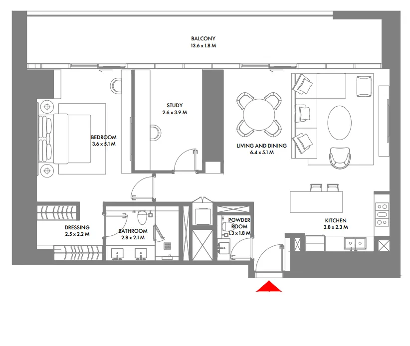 W The Residences by Arada 1 bed floor plan, 1,356 – 1,404 sqft