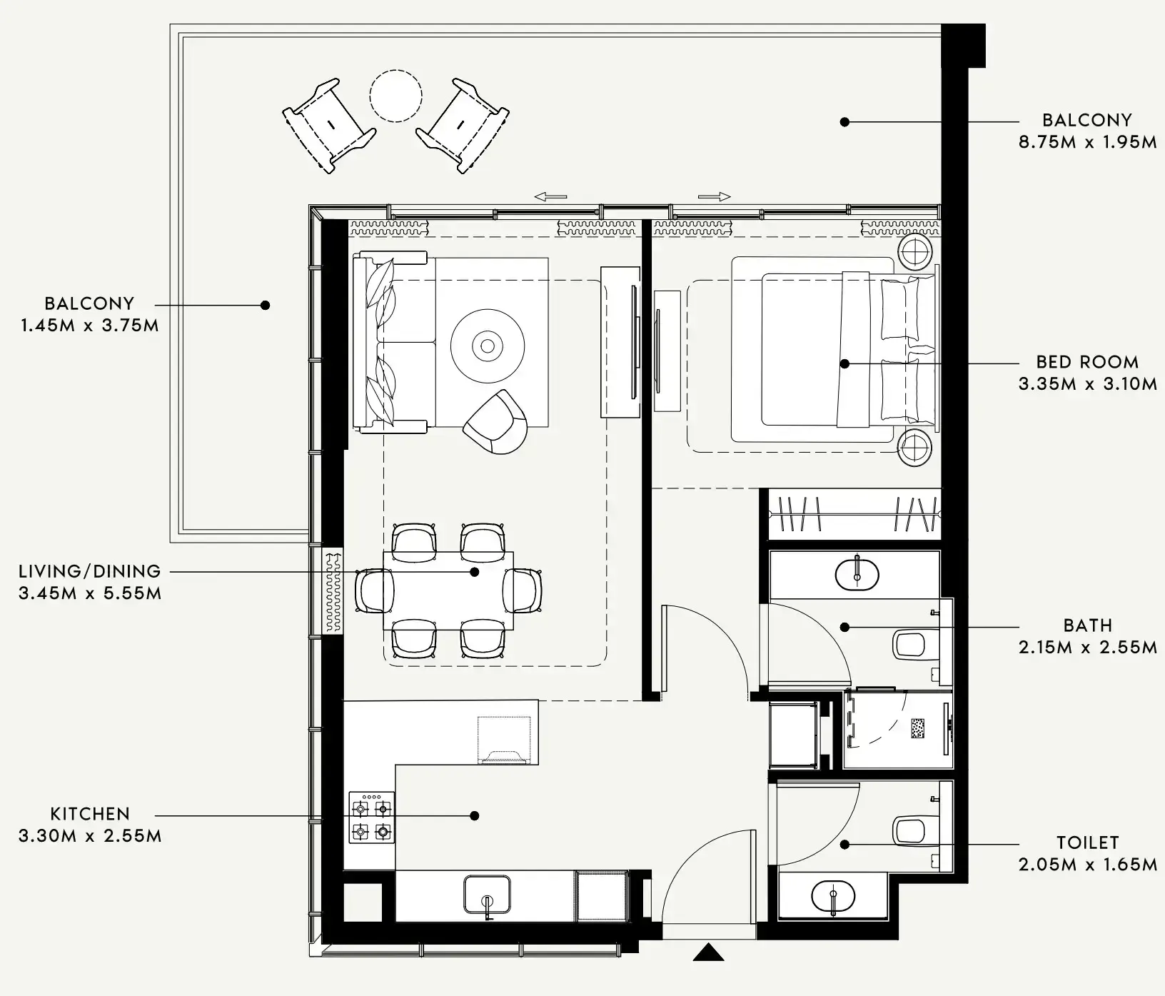 Riviera 58 1 bed floor plan, 890 sqft