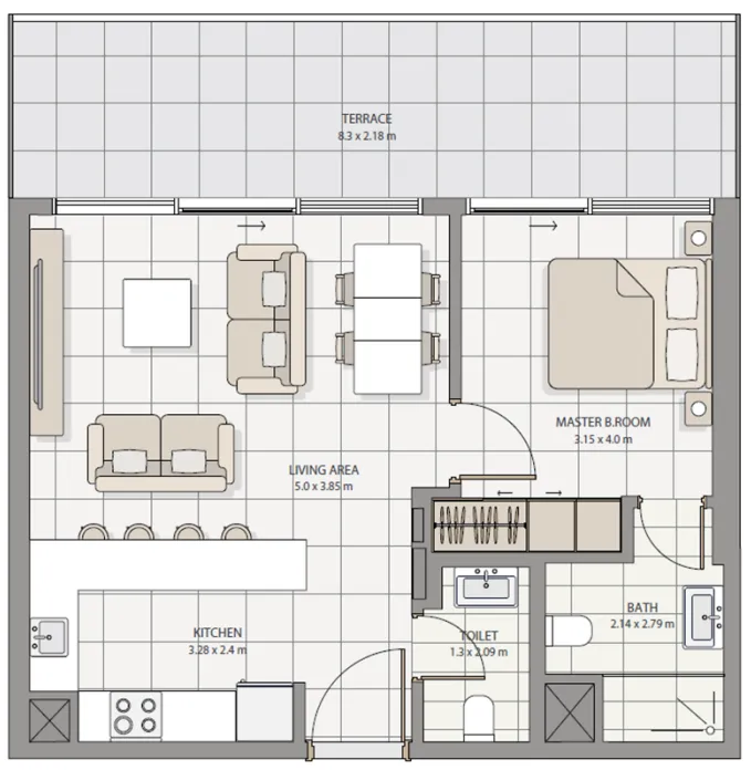 The Icon Tower 1 bed floor plan, 733 – 967 sqft