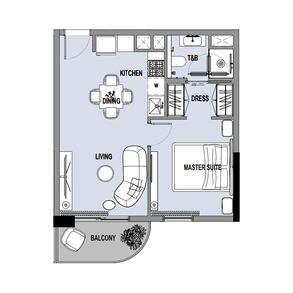 Verso 1 bed floor plan, 523 sqft
