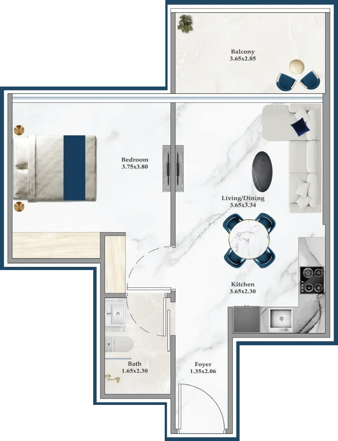 Serenz 1 bed floor plan, 538 – 554 sqft
