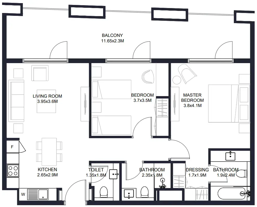 Tiraz Apartments 2 bed floor plan, 1,188 sqft