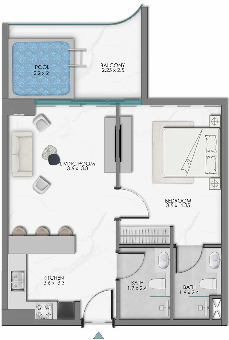 Samana Sky Views 1 bed floor plan, 704 sqft