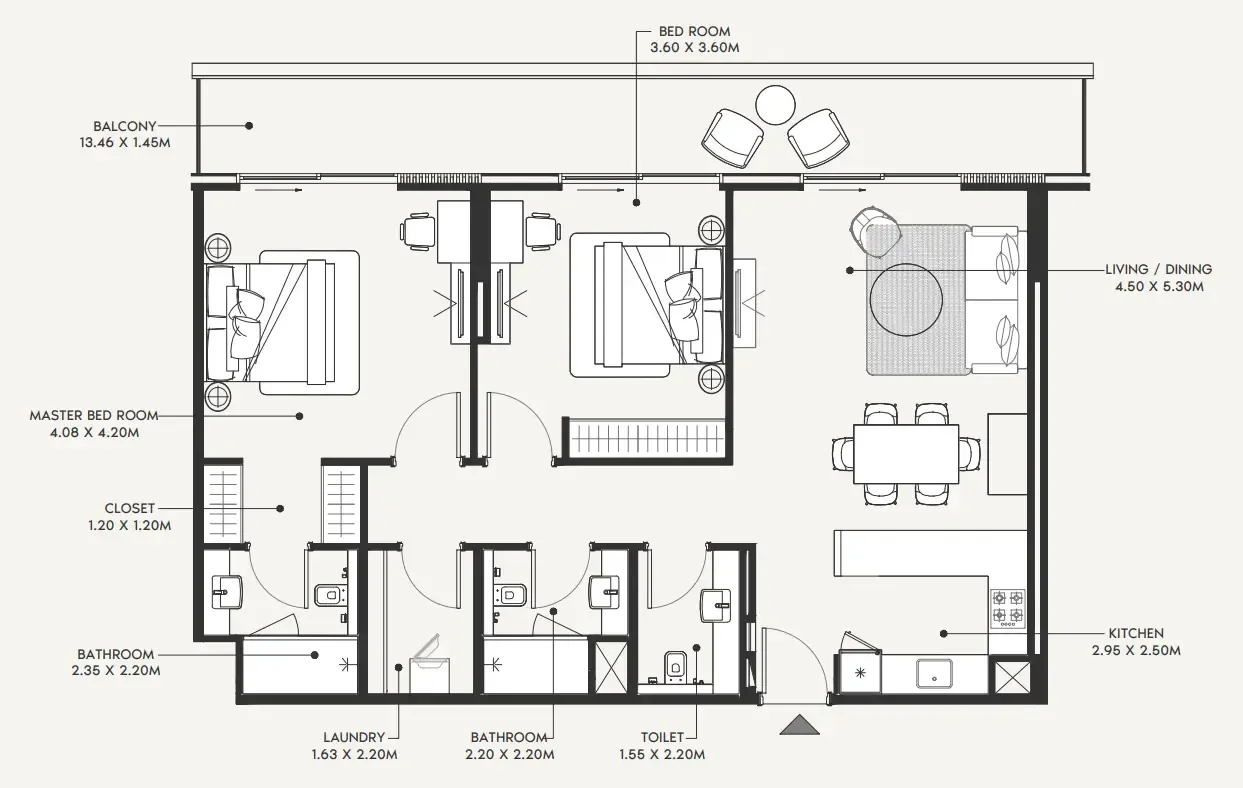 Azizi Amir 2 bed floor plan, 1,303 sqft