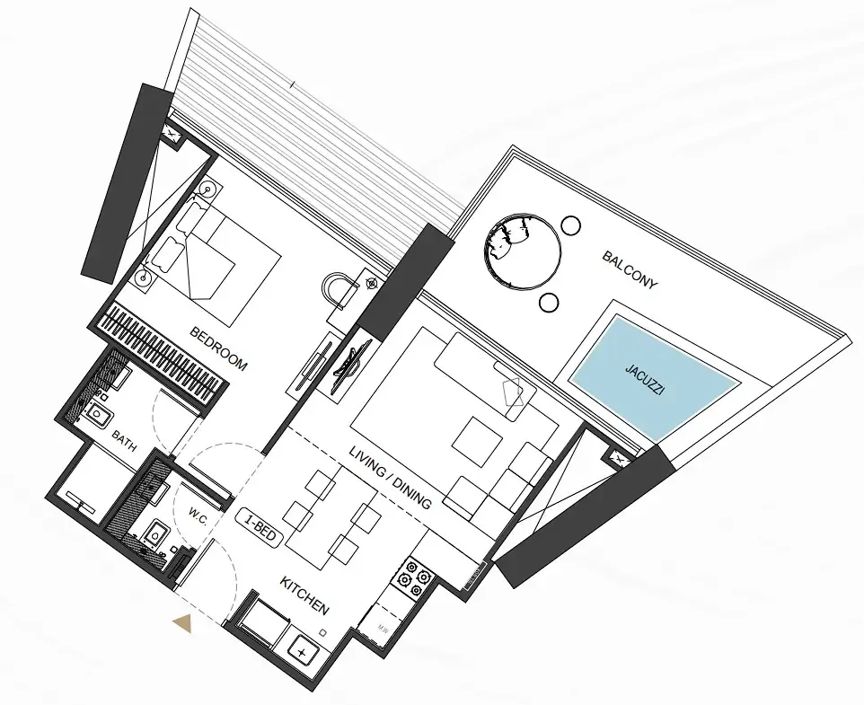 Binghatti Royale 1 bed floor plan, 807 sqft