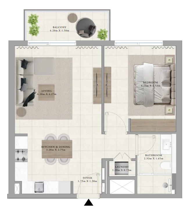 Greenside Residence 1 bed floor plan, 733 sqft