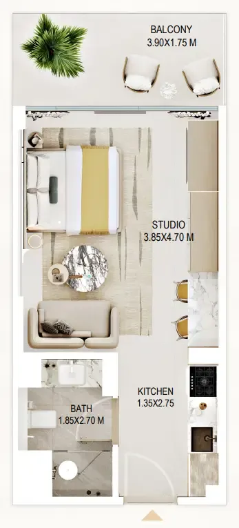 Rabdan Gardens Studio floor plan, 409 sqft