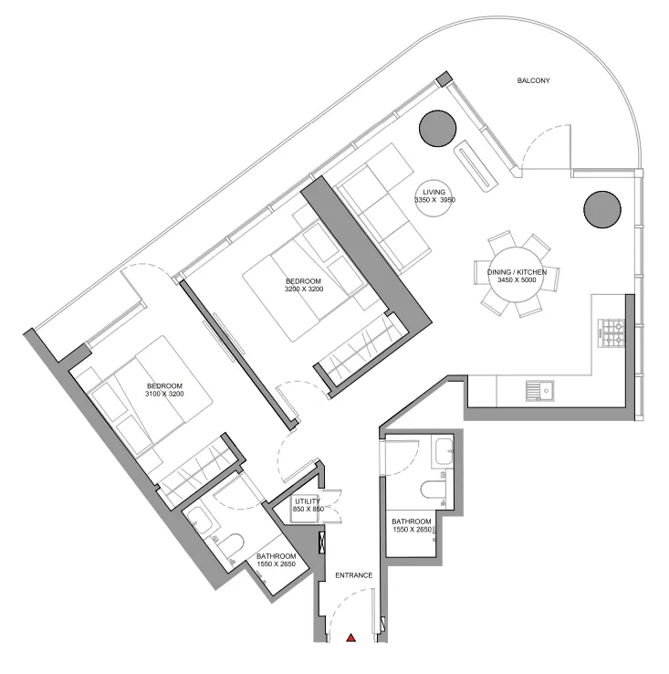 Sobha Solis 2 bed floor plan, 1,126 sqft