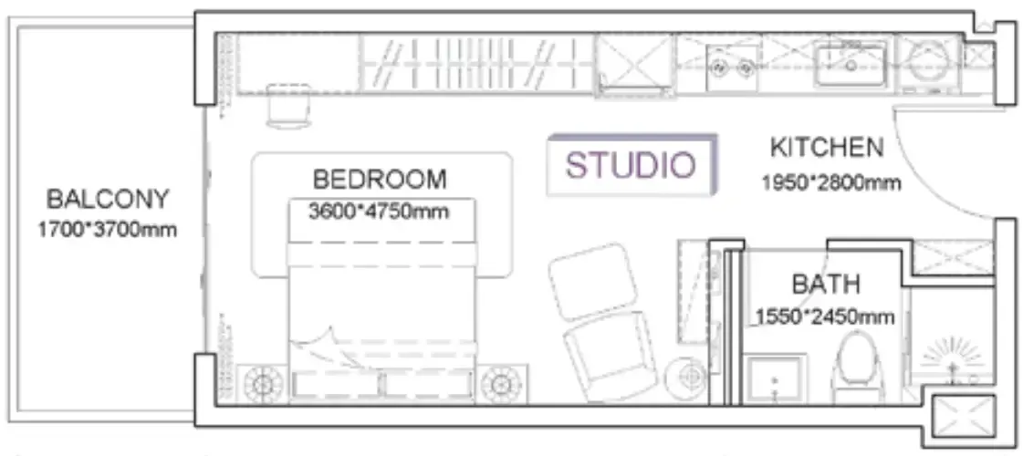 Listone Residence Studio floor plan, 373 – 614 sqft