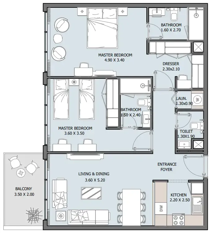 Oceana 2 bed floor plan, 1,012 sqft