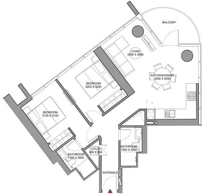Sobha Orbis 2 bed floor plan, 992 sqft