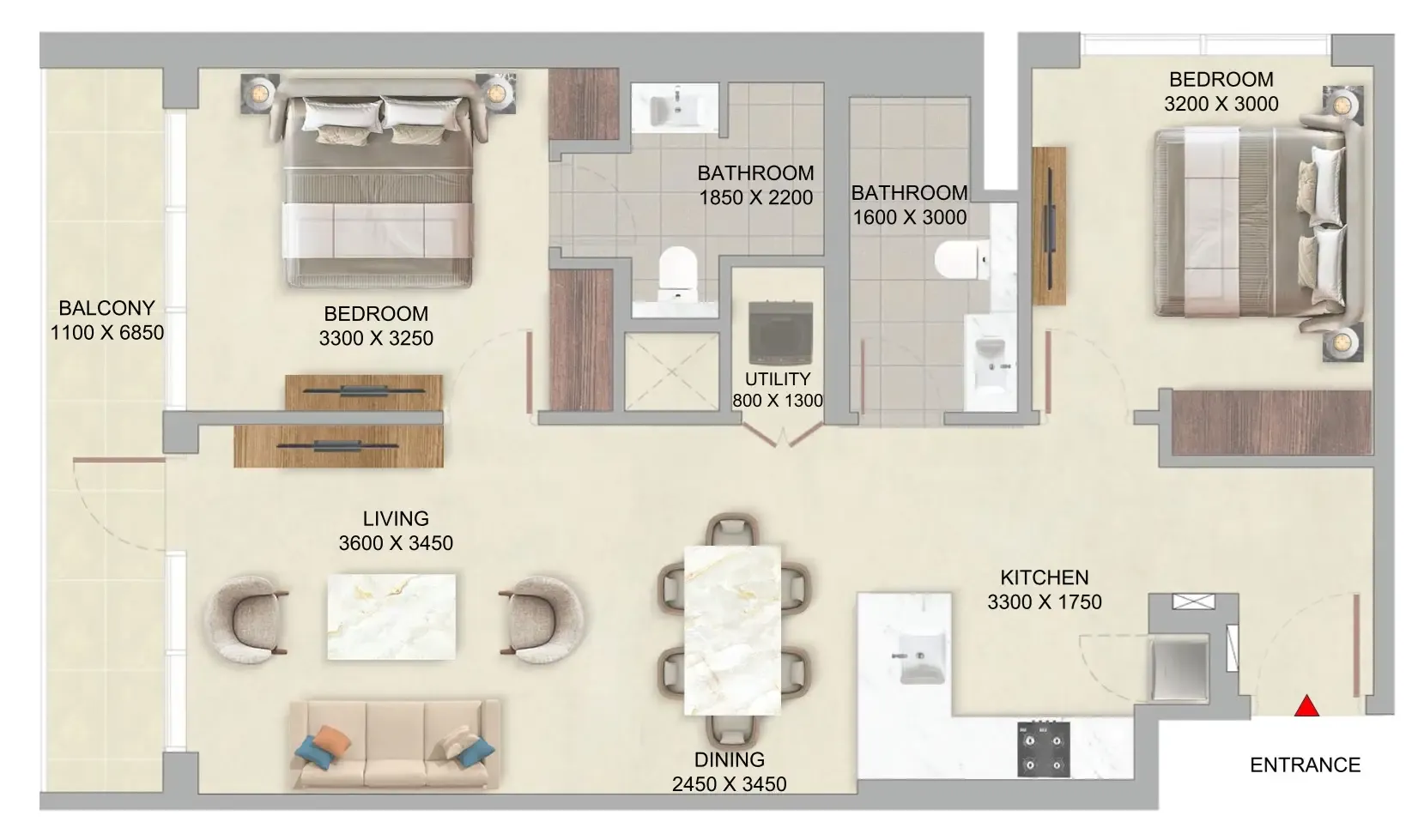 The Woods Abode at Sobha Sanctuary 2 bed floor plan, 961 sqft