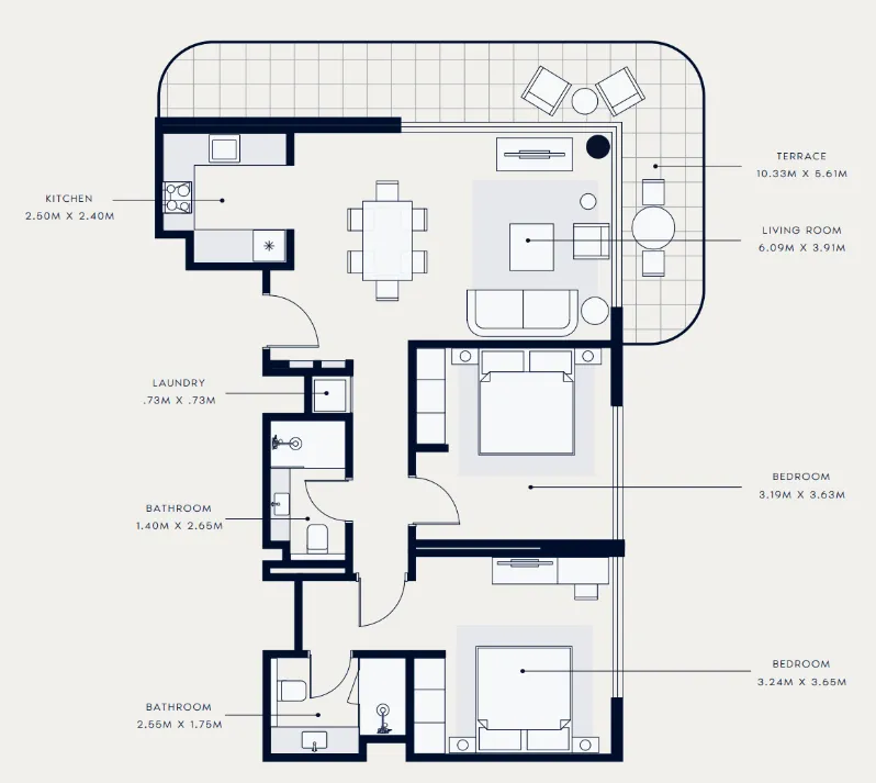 Azizi Venice 2 bed floor plan, 1,133 sqft
