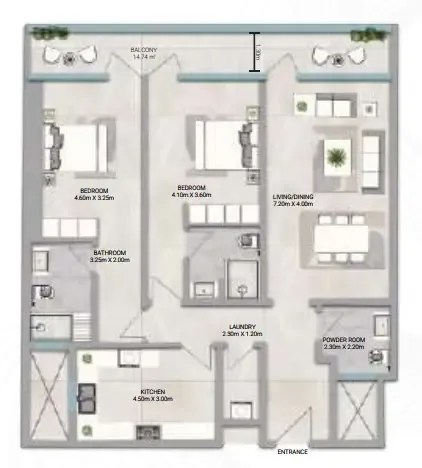 Amwaj Tower 2 bed floor plan, 2,032 sqft