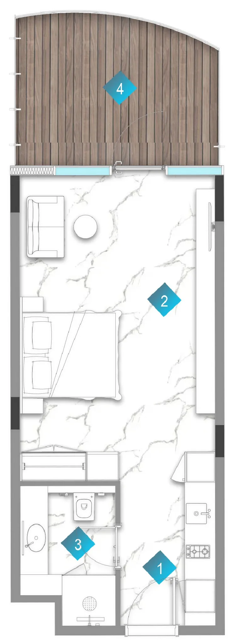 Aqua Arc Studio floor plan, 616 sqft