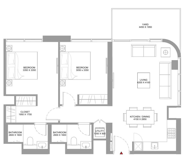 Coastline Beach Residences 2 bed floor plan, 965 sqft