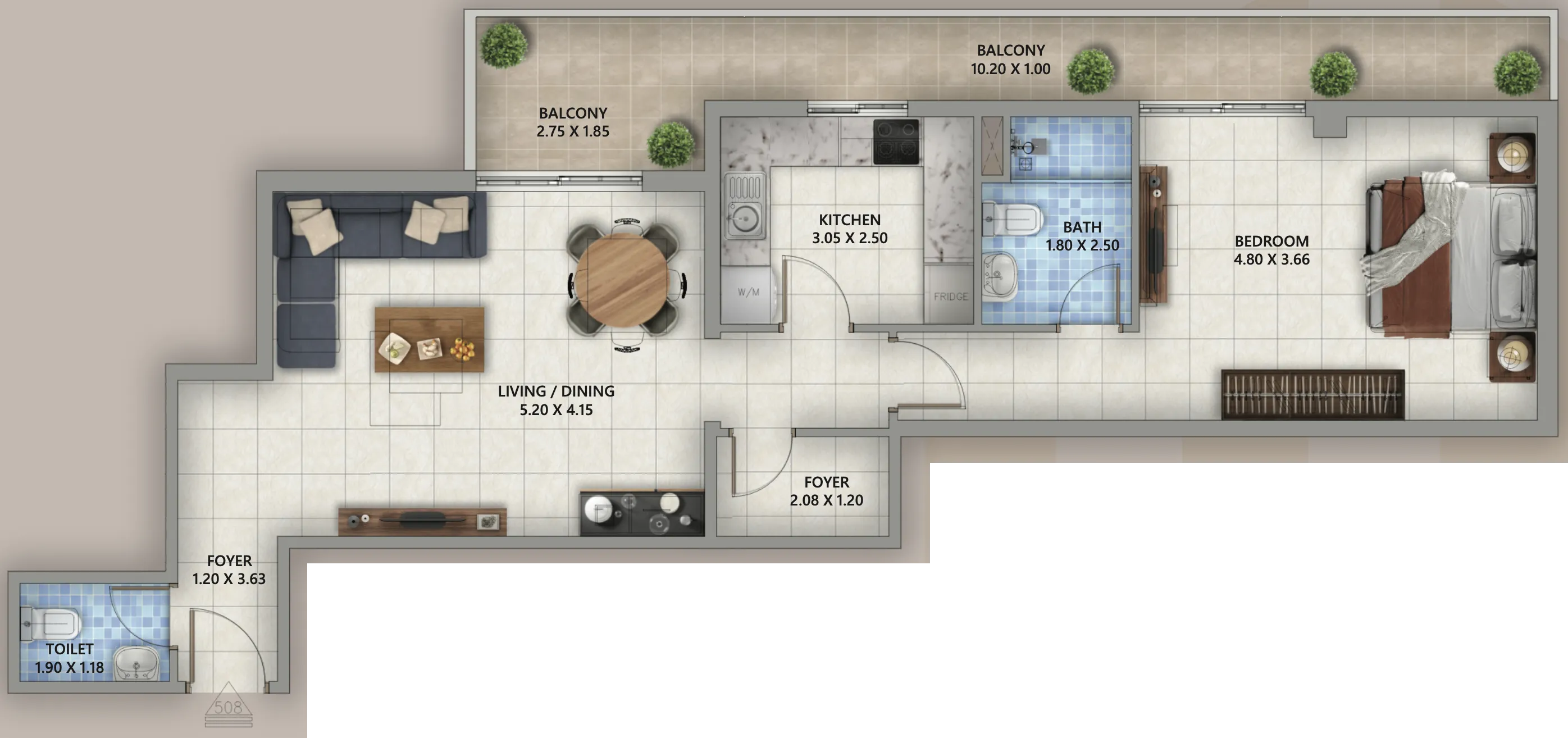 Linden Residences 1 bed floor plan, 981 sqft