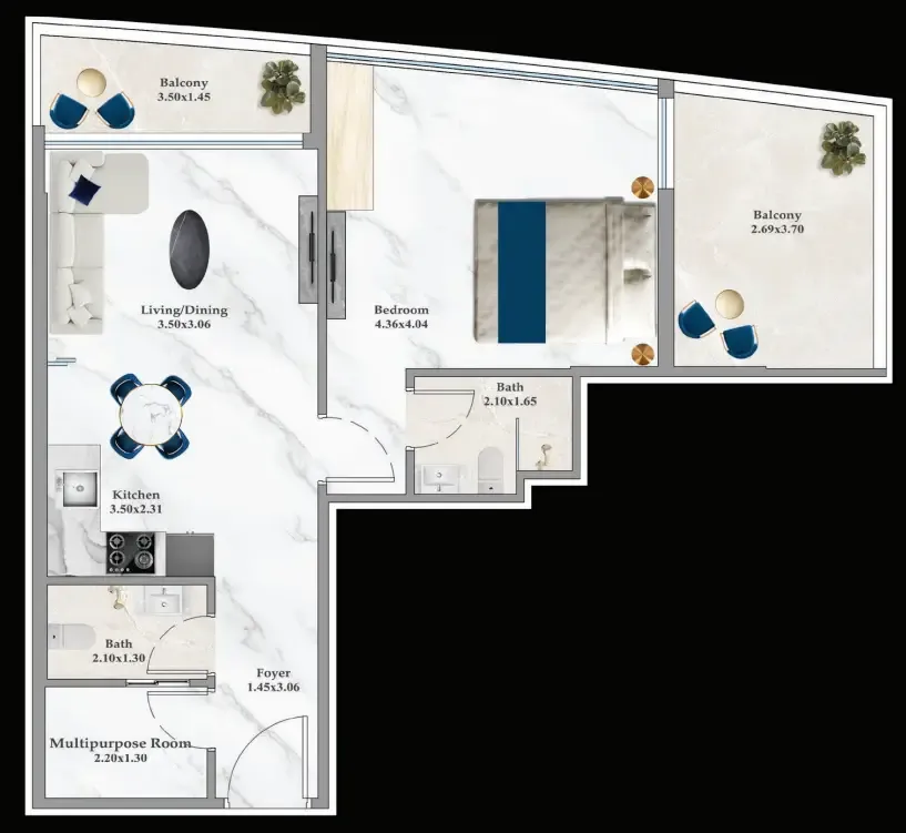 Aspirz 1 bed floor plan, 705 sqft