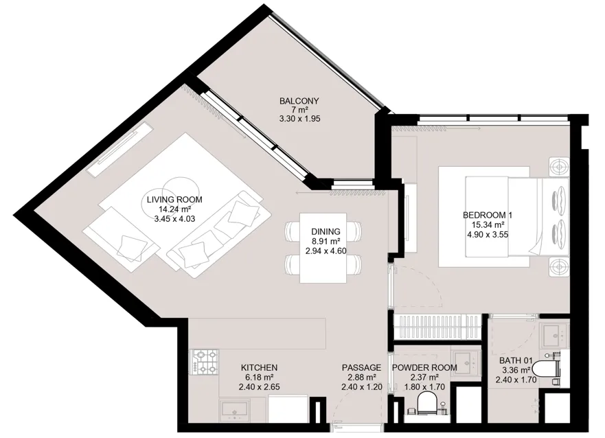Aura Elite 1 bed floor plan, 733 – 737 sqft