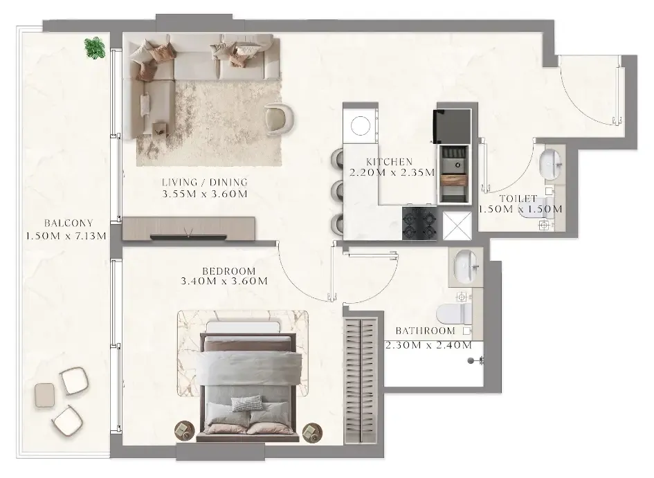 Aum 99 Residences 1 bed floor plan, 665 sqft