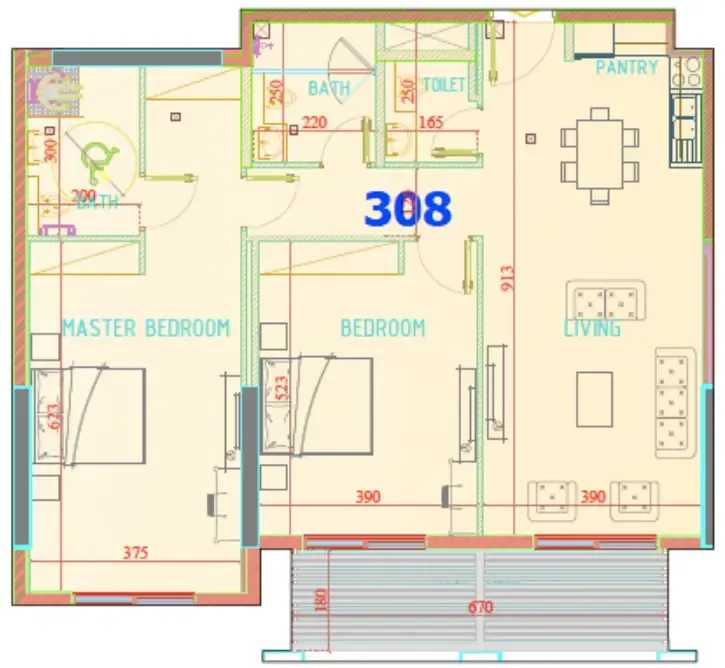 Carmel Residence 2 bed floor plan, 1,360 sqft
