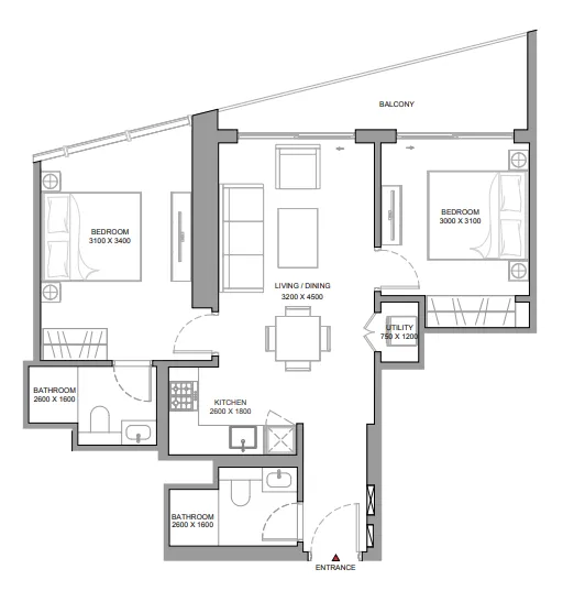The Serene at Sobha Central 2 bed floor plan, 853 sqft