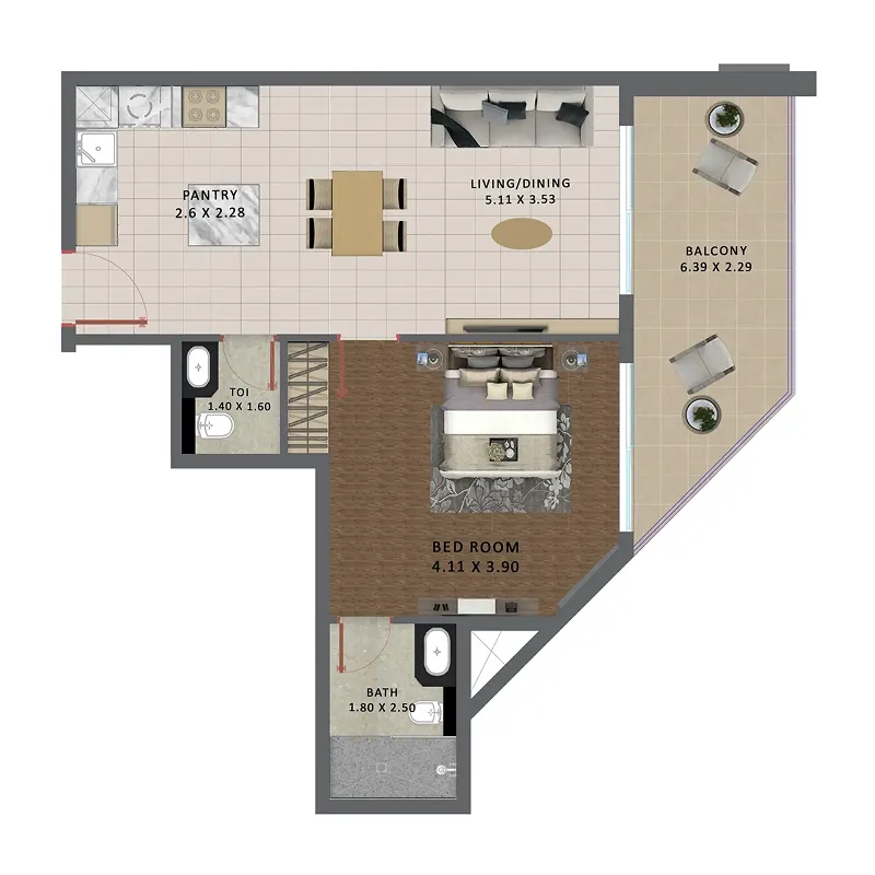 Marquis Galleria 1 bed floor plan, 728 sqft