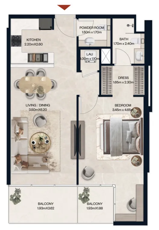 Norah Residence 1 bed floor plan, 853 sqft