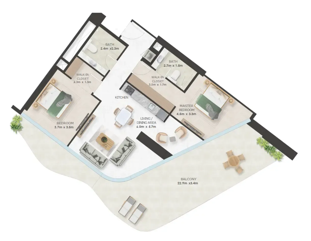 Oystra 2 bed floor plan, 1,542 sqft