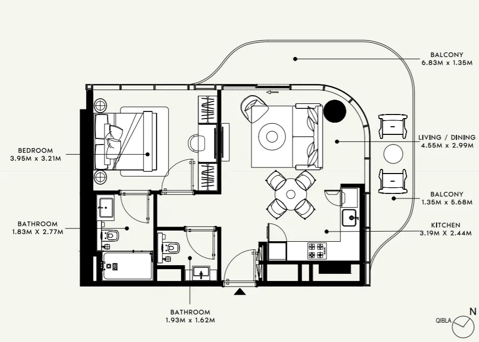 Azizi Venice 1 bed floor plan, 731 sqft