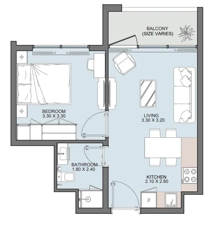 Alba Tower 1 bed floor plan, 449 sqft