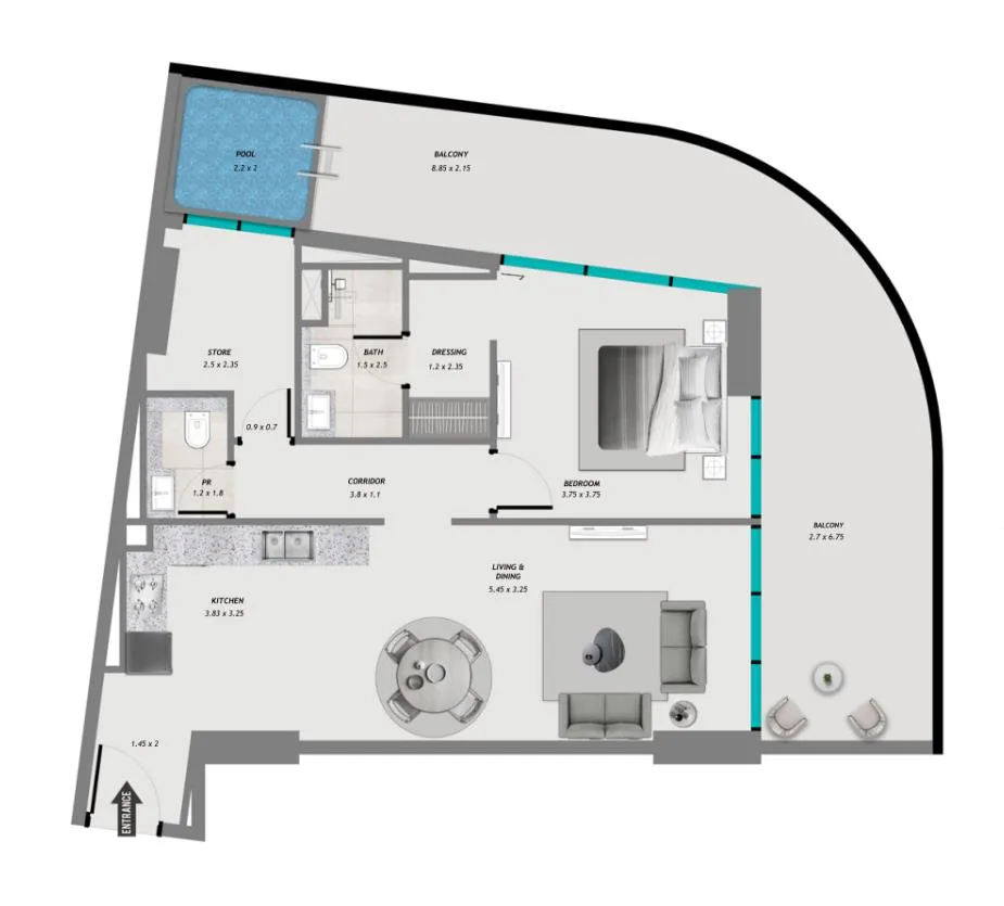 Samana Resorts 1 bed floor plan, 1,200 sqft