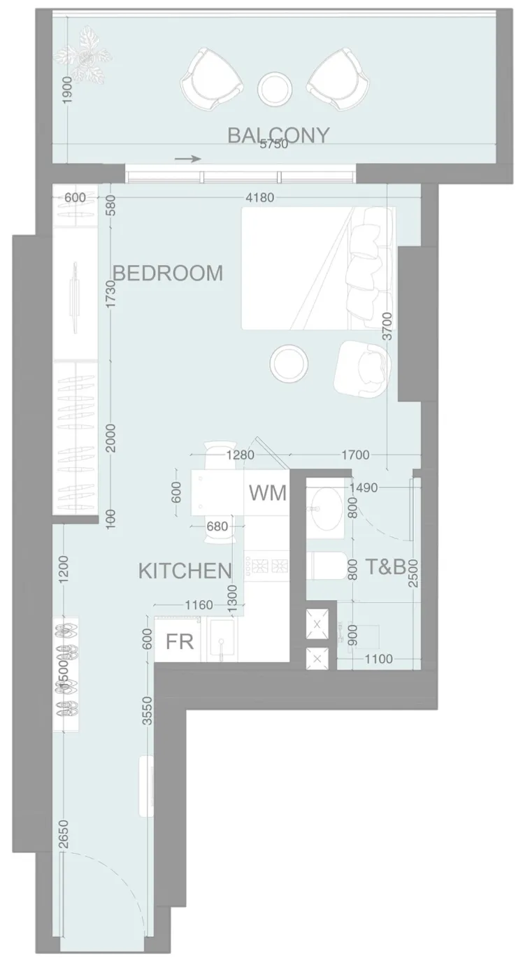 LUM1NAR Studio floor plan, 555 sqft
