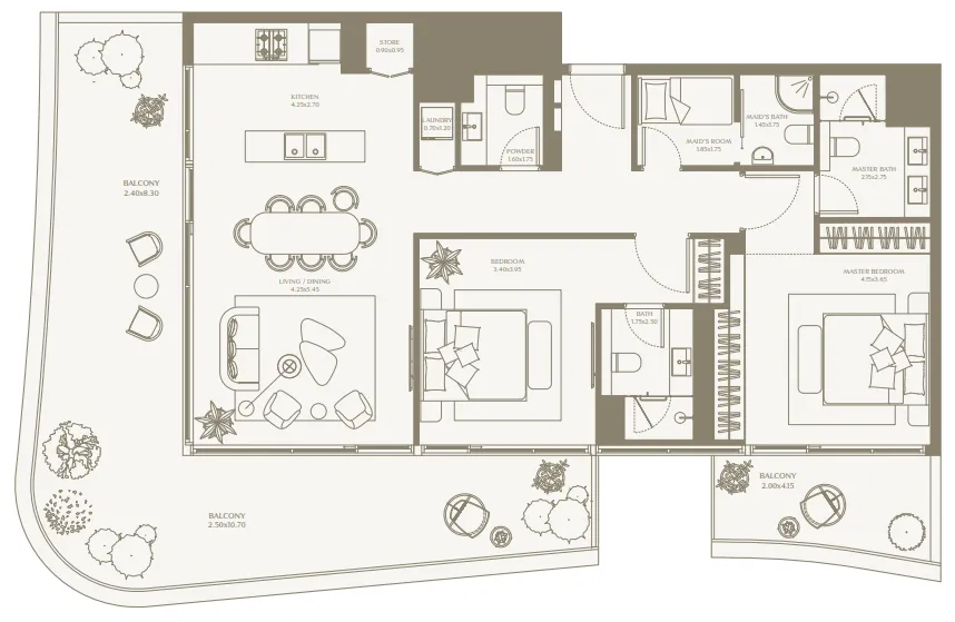 AYA Beachfront Residences 2 bed floor plan, 1,737 sqft