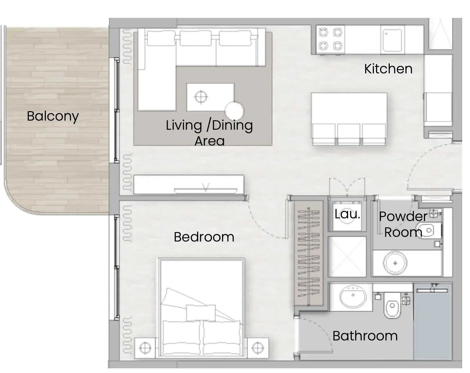 One Beverly 1 bed floor plan, 637 sqft