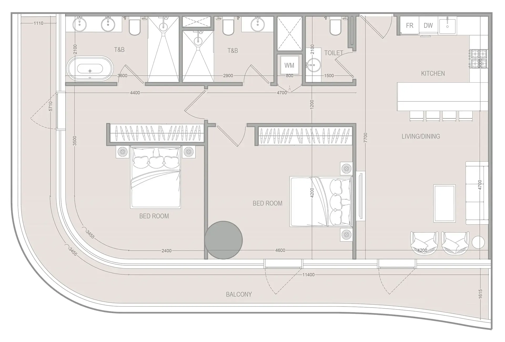 A1LA Residence 2 bed floor plan, 1,443 sqft